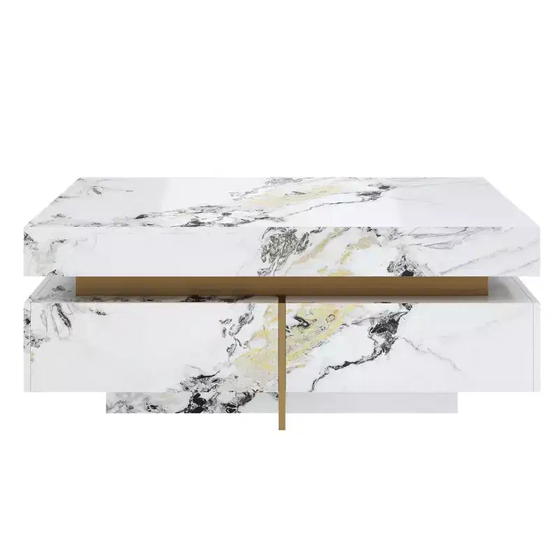 Table basse carrée blanche avec 4 tiroirs, plateau en faux marbre, piètement tréteau doré