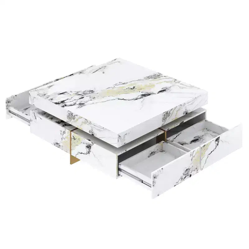 Table basse carrée blanche avec 4 tiroirs, plateau en faux marbre, piètement tréteau doré