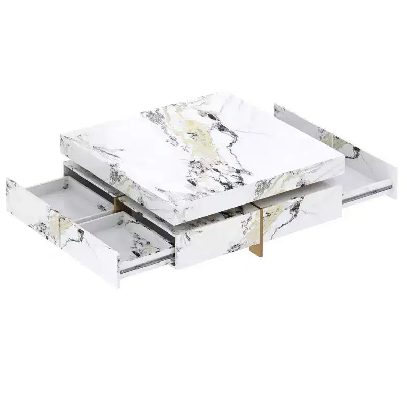 Table basse carrée blanche avec 4 tiroirs, plateau en faux marbre, piètement tréteau doré