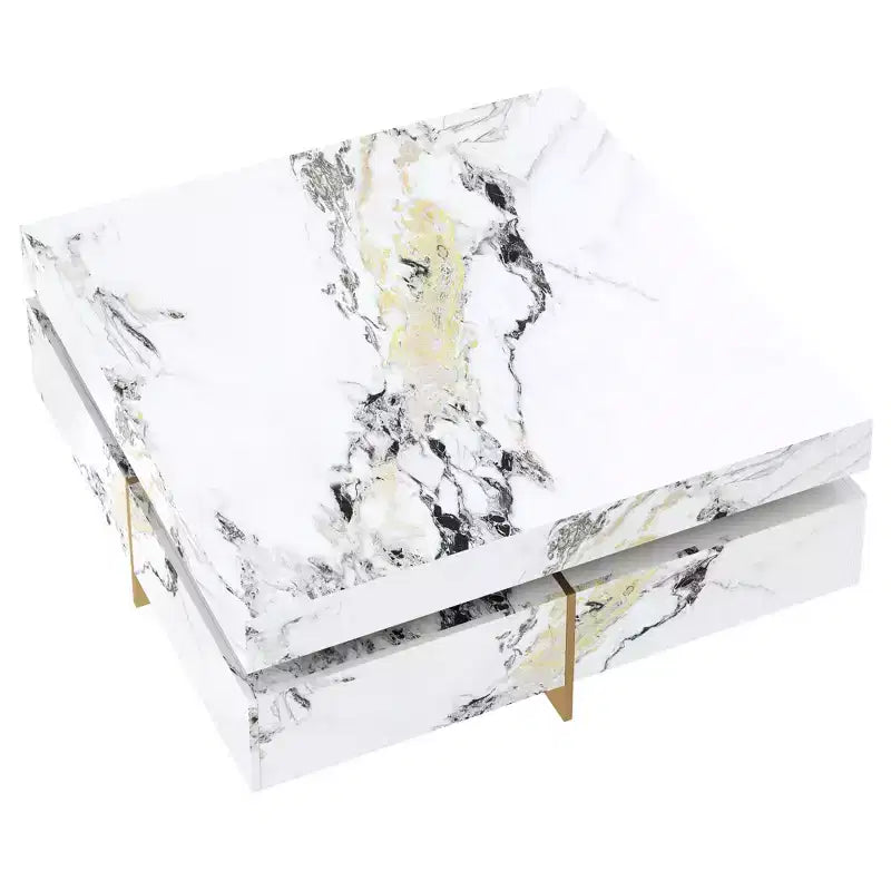 Table basse carrée blanche avec 4 tiroirs, plateau en faux marbre, piètement tréteau doré