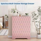 Commode Haute pour Placard de Chambre à Coucher avec 4 Tiroirs, Commode en Bois avec Poignées Dorées