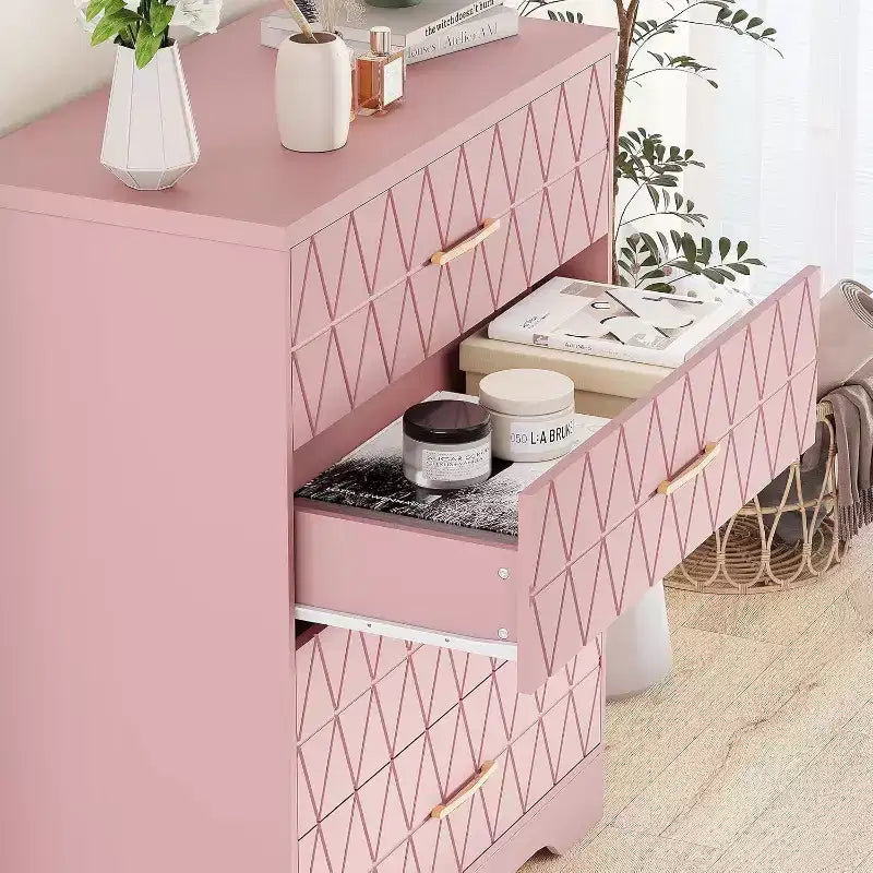 Commode Haute pour Placard de Chambre à Coucher avec 4 Tiroirs, Commode en Bois avec Poignées Dorées
