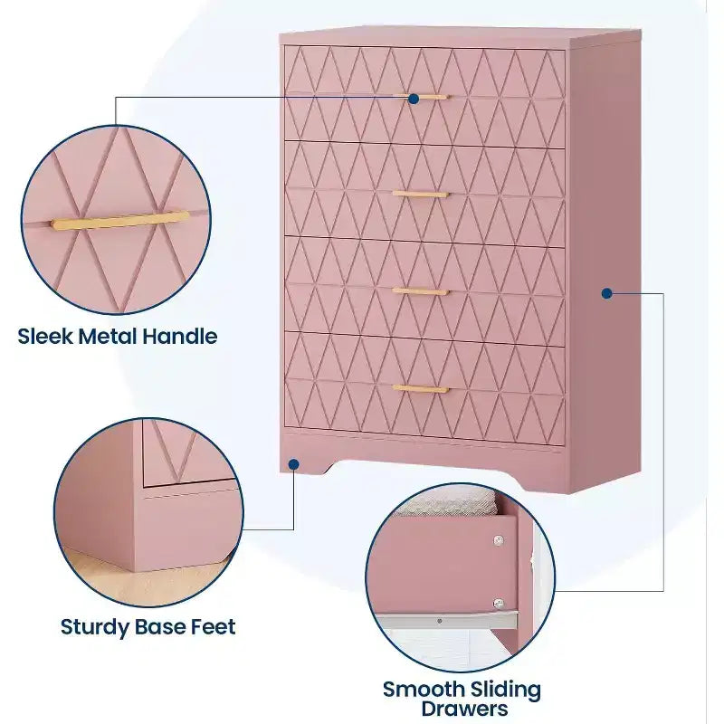 Commode Haute pour Placard de Chambre à Coucher avec 4 Tiroirs, Commode en Bois avec Poignées Dorées
