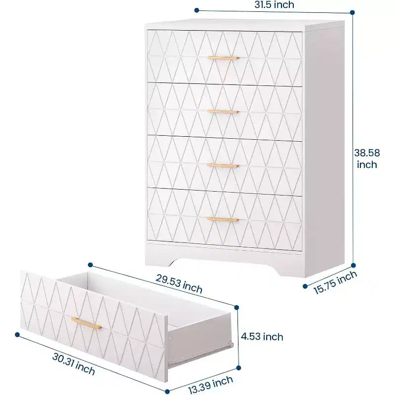 Commode Haute pour Placard de Chambre à Coucher avec 4 Tiroirs, Commode en Bois avec Poignées Dorées