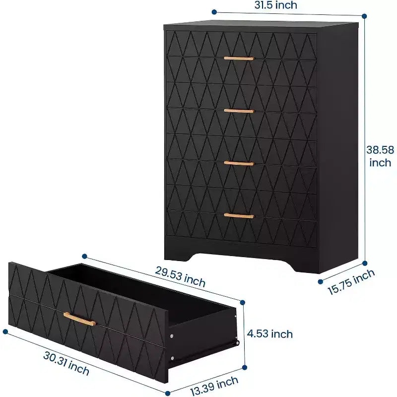 Commode Haute pour Placard de Chambre à Coucher avec 4 Tiroirs, Commode en Bois avec Poignées Dorées