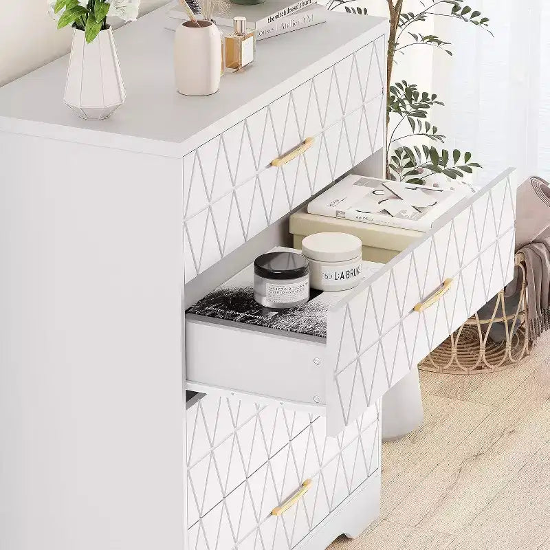 Commode Haute pour Placard de Chambre à Coucher avec 4 Tiroirs, Commode en Bois avec Poignées Dorées