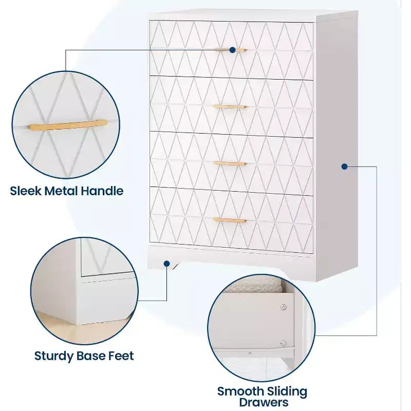 Commode Haute pour Placard de Chambre à Coucher avec 4 Tiroirs, Commode en Bois avec Poignées Dorées