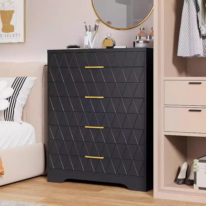 Commode Haute pour Placard de Chambre à Coucher avec 4 Tiroirs, Commode en Bois avec Poignées Dorées