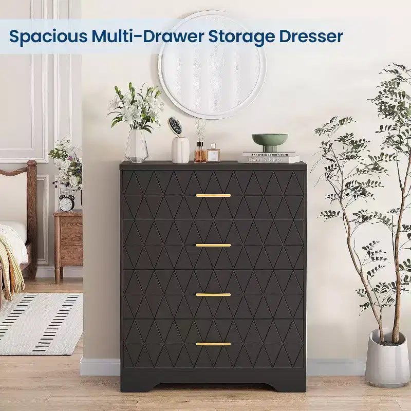 Commode Haute pour Placard de Chambre à Coucher avec 4 Tiroirs, Commode en Bois avec Poignées Dorées