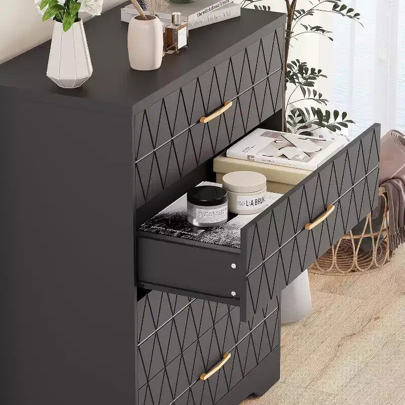 Commode Haute pour Placard de Chambre à Coucher avec 4 Tiroirs, Commode en Bois avec Poignées Dorées