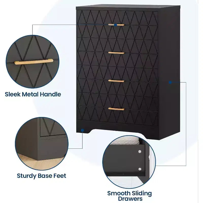Commode Haute pour Placard de Chambre à Coucher avec 4 Tiroirs, Commode en Bois avec Poignées Dorées