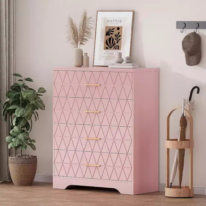Commode Haute pour Placard de Chambre à Coucher avec 4 Tiroirs, Commode en Bois avec Poignées Dorées