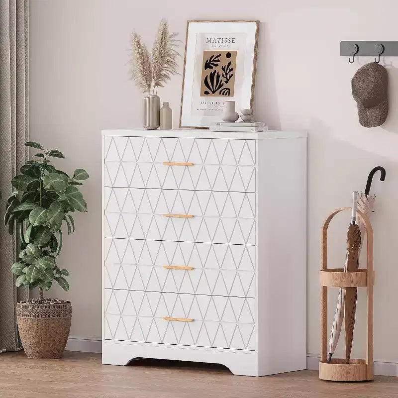Commode Haute pour Placard de Chambre à Coucher avec 4 Tiroirs, Commode en Bois avec Poignées Dorées
