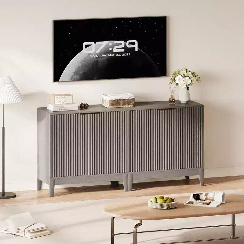 Buffet 2 portes cannelé en chêne/frêne et chêne – Enfilade style Mid-Century