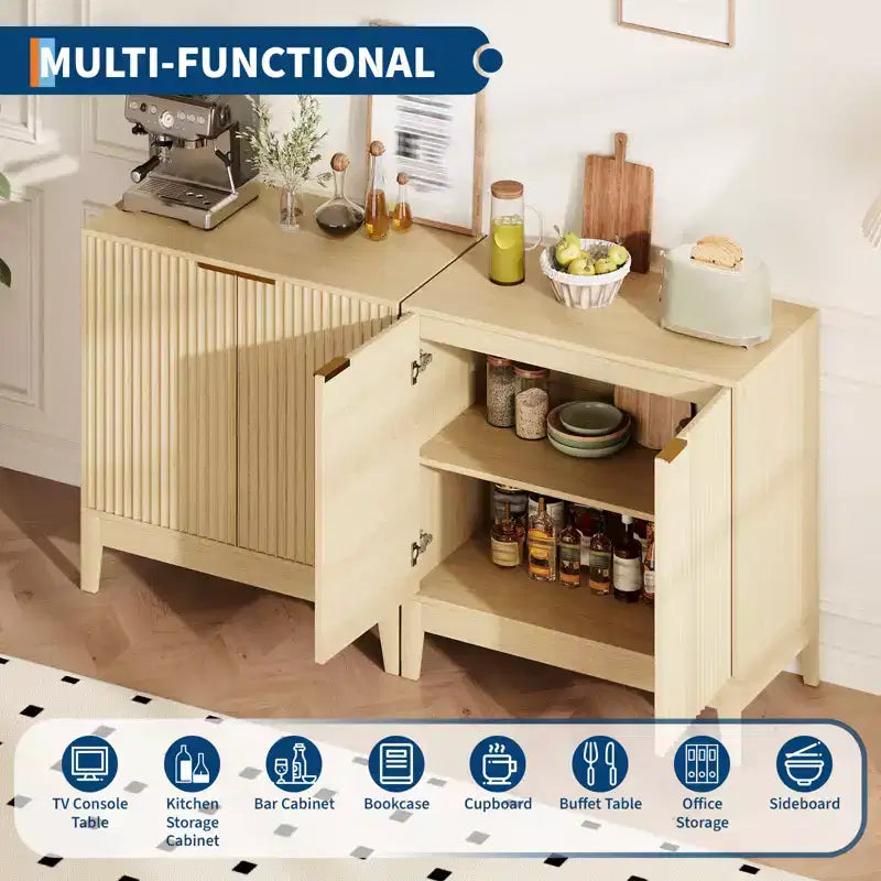 Buffet 2 portes cannelé en chêne/frêne et chêne – Enfilade style Mid-Century