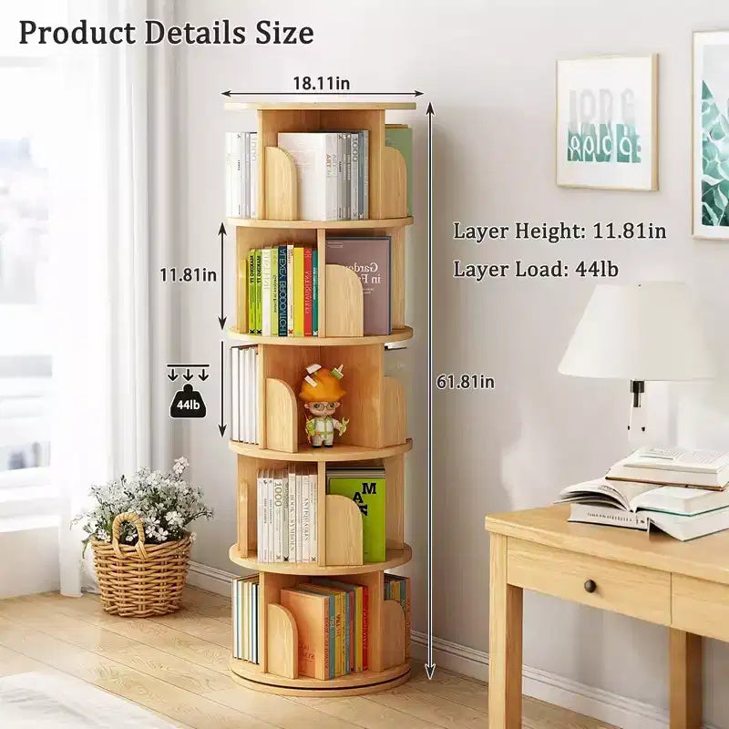 Bibliothèque Tour Pivotante à 360° en Bois Chêne / Blanc – 5 ou 6 Niveaux, Montage par 1 Personne