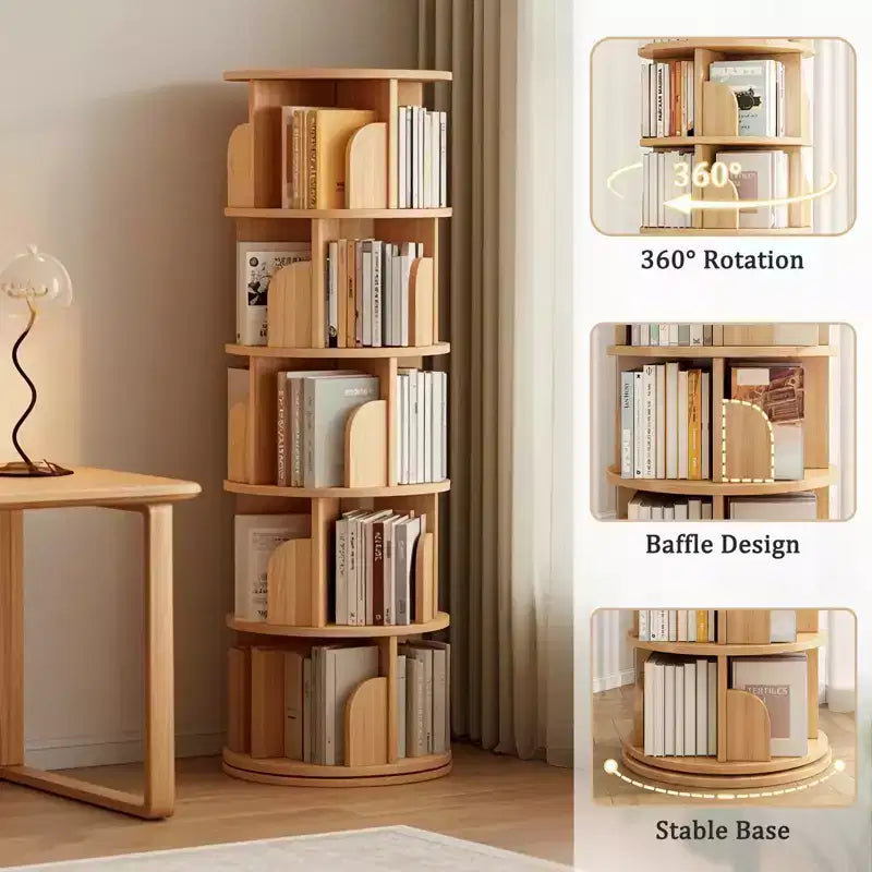 Bibliothèque Tour Pivotante à 360° en Bois Chêne / Blanc – 5 ou 6 Niveaux, Montage par 1 Personne