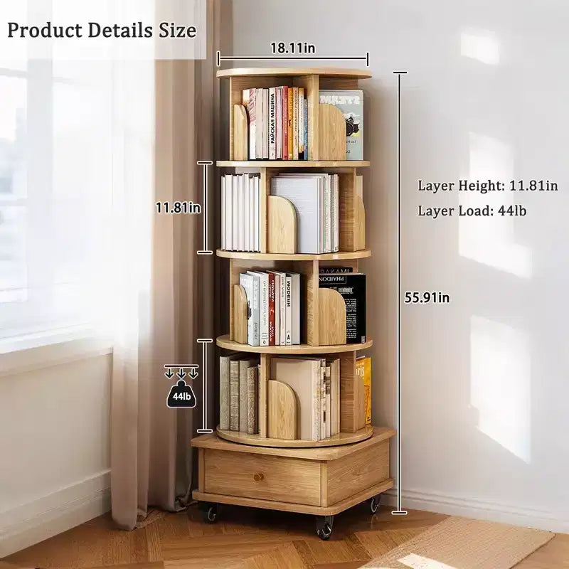 Bibliothèque Tour Pivotante à 360° en Bois Chêne / Blanc – 5 ou 6 Niveaux, Montage par 1 Personne