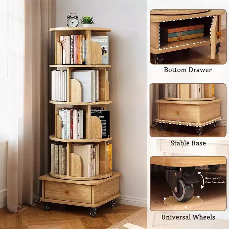Bibliothèque Tour Pivotante à 360° en Bois Chêne / Blanc – 5 ou 6 Niveaux, Montage par 1 Personne