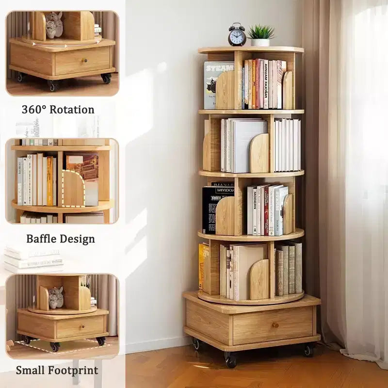 Bibliothèque Tour Pivotante à 360° en Bois Chêne / Blanc – 5 ou 6 Niveaux, Montage par 1 Personne