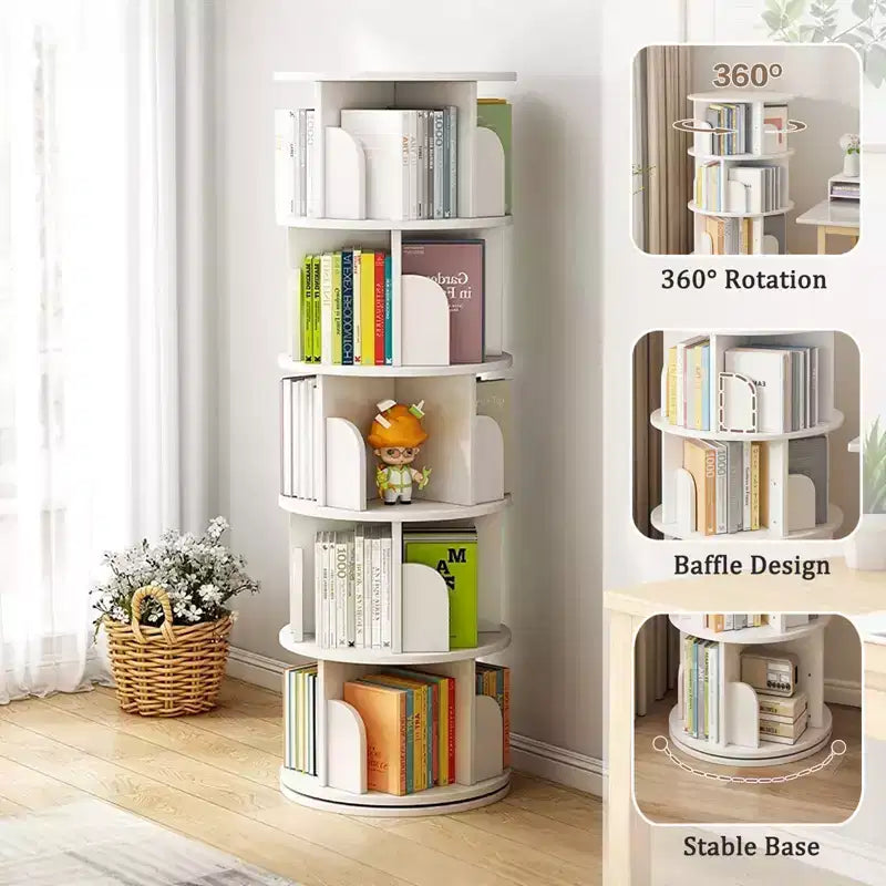 Bibliothèque Tour Pivotante à 360° en Bois Chêne / Blanc – 5 ou 6 Niveaux, Montage par 1 Personne