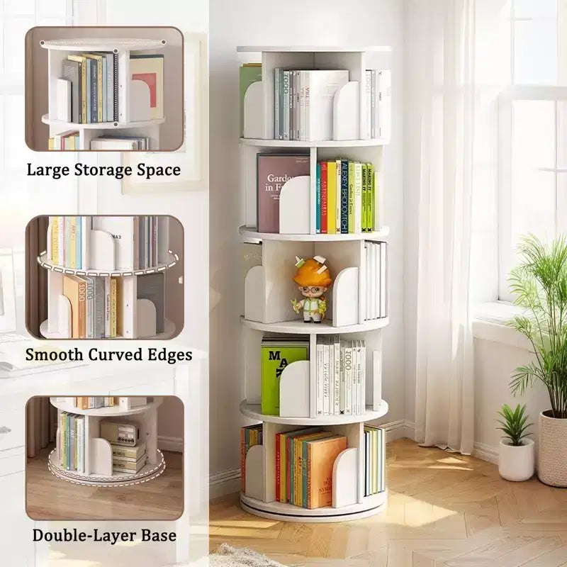 Bibliothèque Tour Pivotante à 360° en Bois Chêne / Blanc – 5 ou 6 Niveaux, Montage par 1 Personne