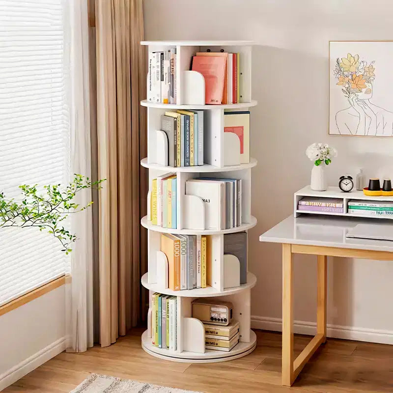 Bibliothèque Tour Pivotante à 360° en Bois Chêne / Blanc – 5 ou 6 Niveaux, Montage par 1 Personne