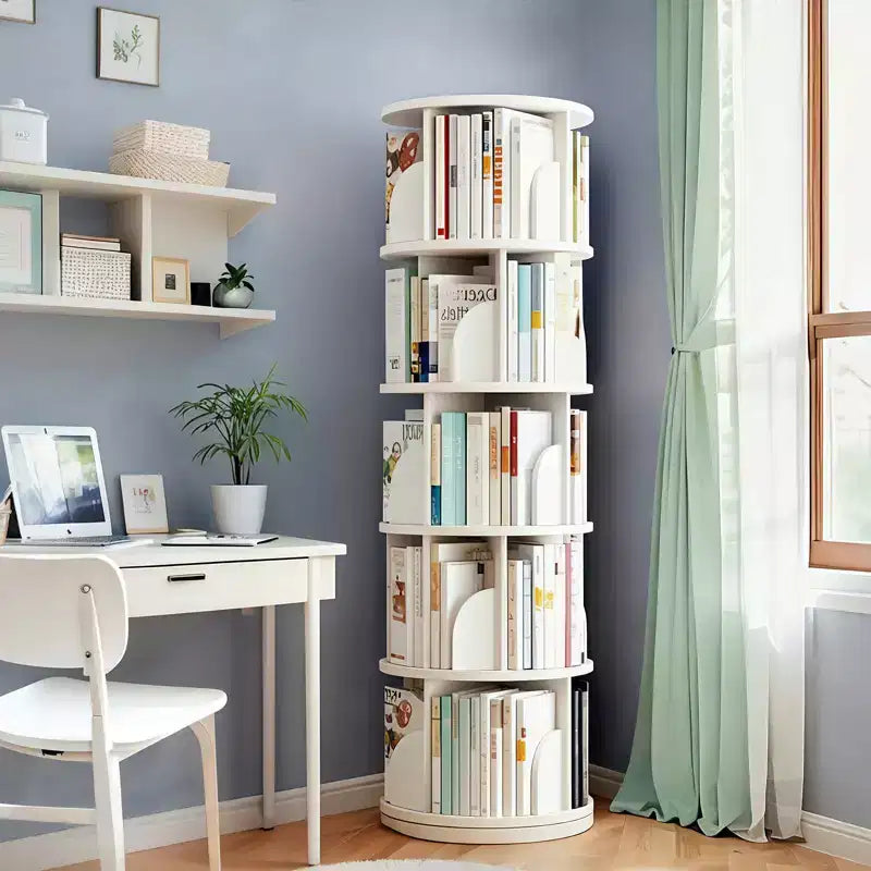 Bibliothèque Tour Pivotante à 360° en Bois Chêne / Blanc – 5 ou 6 Niveaux, Montage par 1 Personne