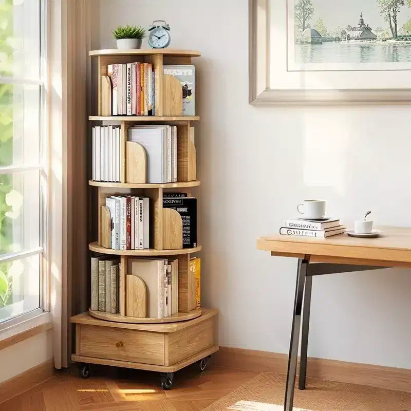 Bibliothèque Tour Pivotante à 360° en Bois Chêne / Blanc – 5 ou 6 Niveaux, Montage par 1 Personne