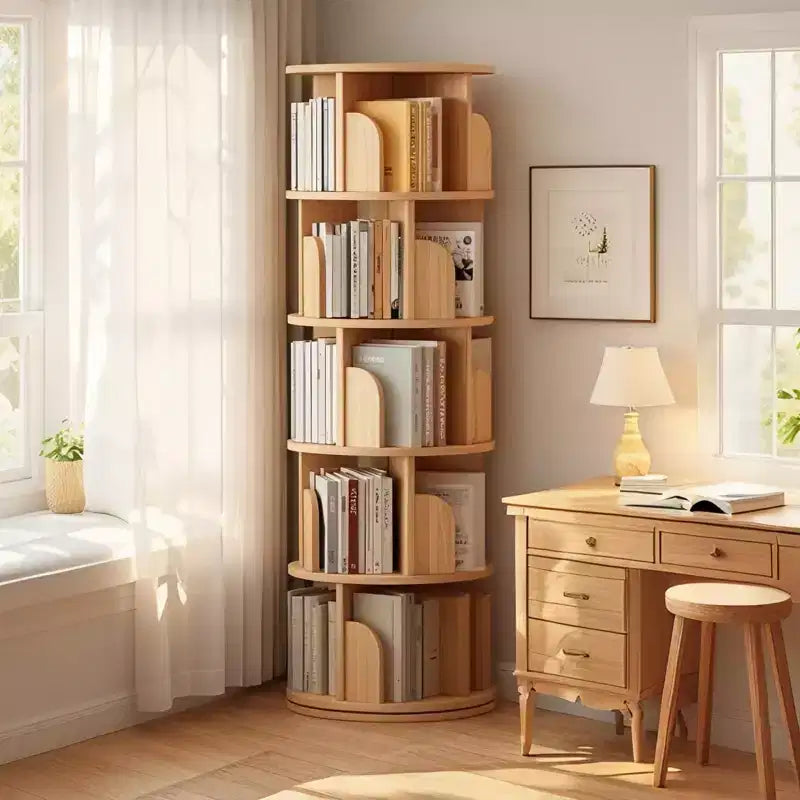 Bibliothèque Tour Pivotante à 360° en Bois Chêne / Blanc – 5 ou 6 Niveaux, Montage par 1 Personne