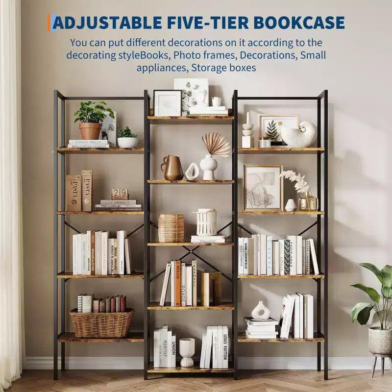 Noir / Brun, style industriel, étagère bibliothèque ouverte à 5 niveaux pour 1 à 2 utilisateurs