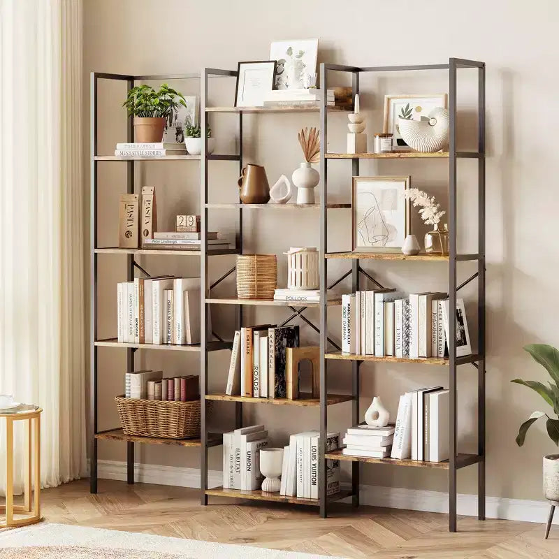 Noir / Brun, style industriel, étagère bibliothèque ouverte à 5 niveaux pour 1 à 2 utilisateurs