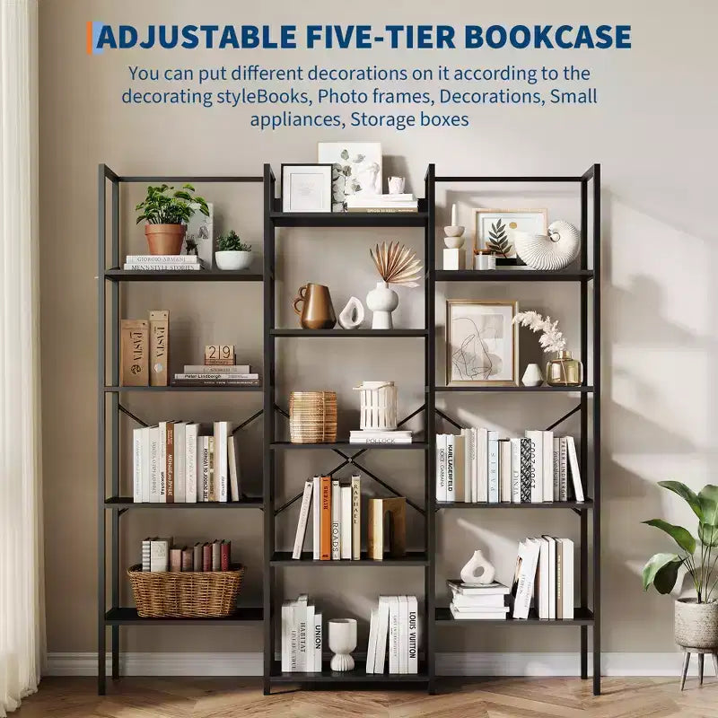 Noir / Brun, style industriel, étagère bibliothèque ouverte à 5 niveaux pour 1 à 2 utilisateurs