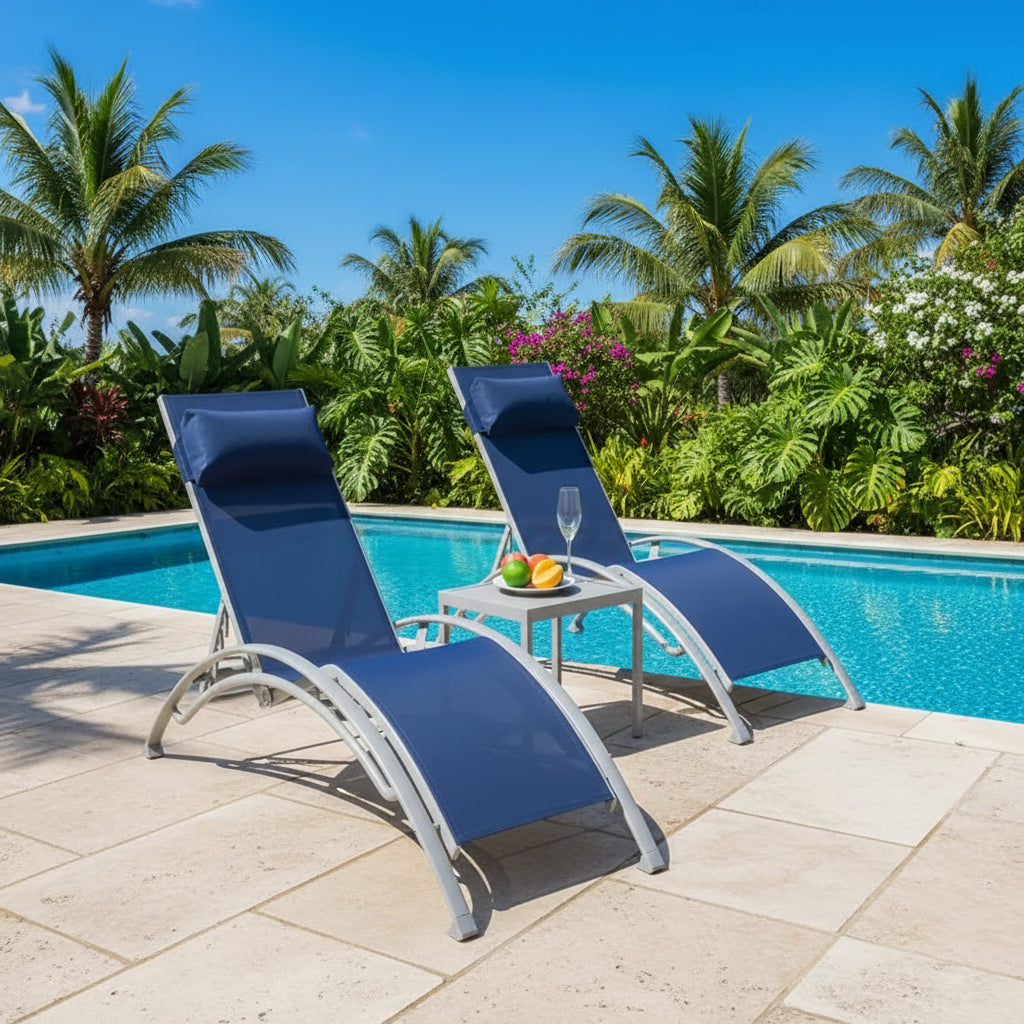 Pool Lounge Chairs, Adjustable Aluminum Outdoor Recliners, All-Weather Use for Decks, Lawns, Poolside, Backyards (Blue, 2 Lounge Chairs + 1 Table)