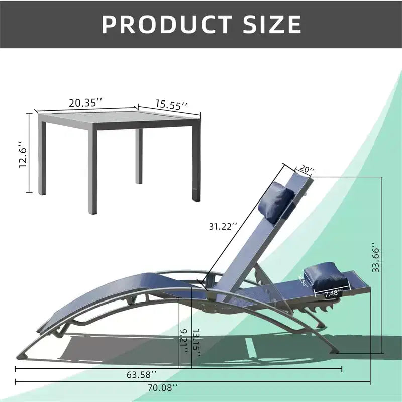 Ensemble de 2 chaises longues d'extérieur réglables bleues en aluminium avec table d'appoint