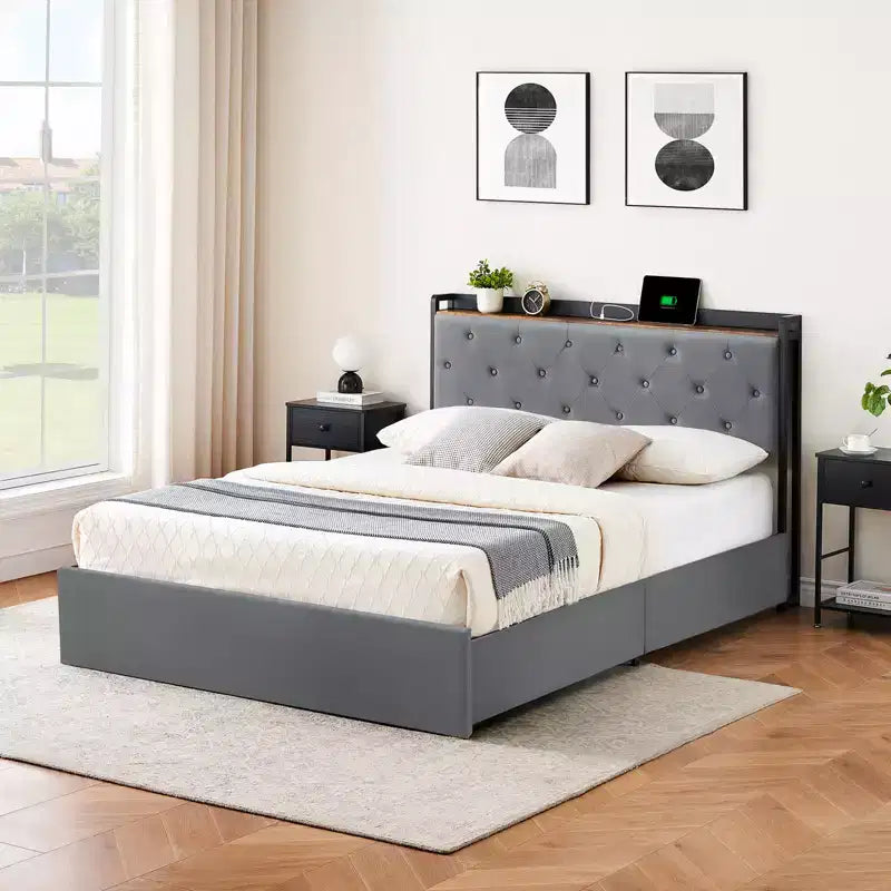 Queen Bed Frame with Storage Drawers, Velvet Upholstered Platform Bed with Headboard Shelf, No Box Spring Needed, Sturdy Wood Slat Support