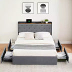 Lit plateforme tapissé de velours gris avec tiroirs de rangement et étagère de tête de lit – Grand lit/Très grand lit