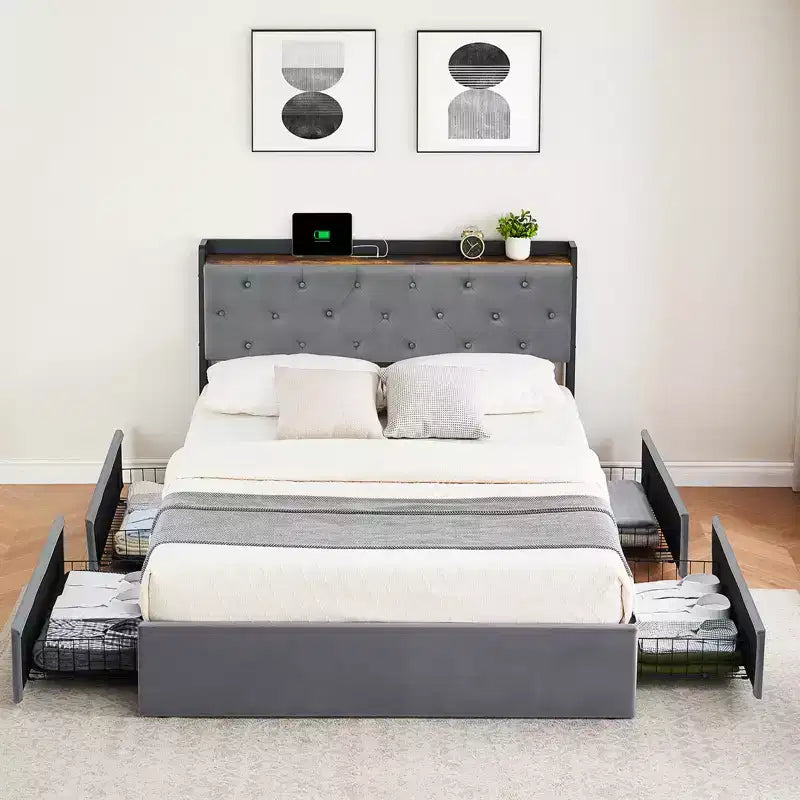 Lit plateforme tapissé de velours gris avec tiroirs de rangement et étagère de tête de lit – Grand lit/Très grand lit