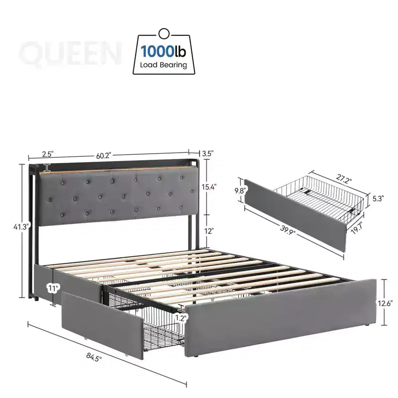 Lit plateforme tapissé de velours gris avec tiroirs de rangement et étagère de tête de lit – Grand lit/Très grand lit