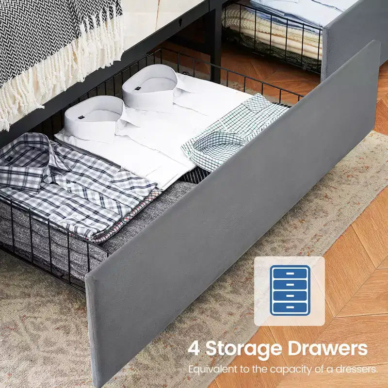 Lit plateforme tapissé de velours gris avec tiroirs de rangement et étagère de tête de lit – Grand lit/Très grand lit