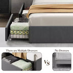 Lit plateforme tapissé de velours gris avec tiroirs de rangement et étagère de tête de lit – Grand lit/Très grand lit