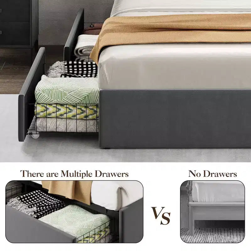 Lit plateforme tapissé de velours gris avec tiroirs de rangement et étagère de tête de lit – Grand lit/Très grand lit