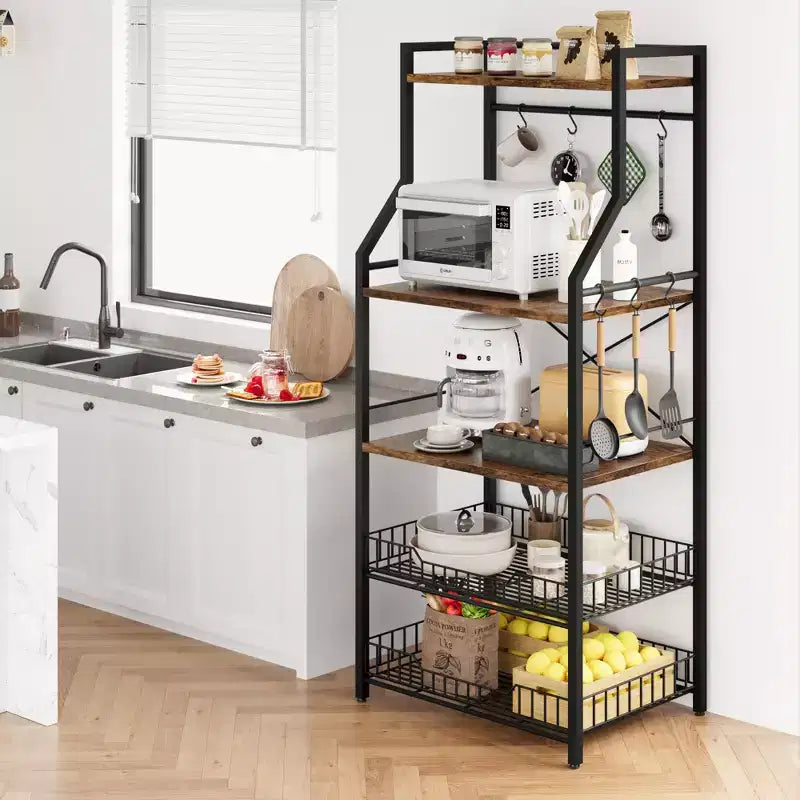Étagère de boulanger noire à 5 niveaux avec paniers grillagés et crochets | Acier + MDF | Pour 1