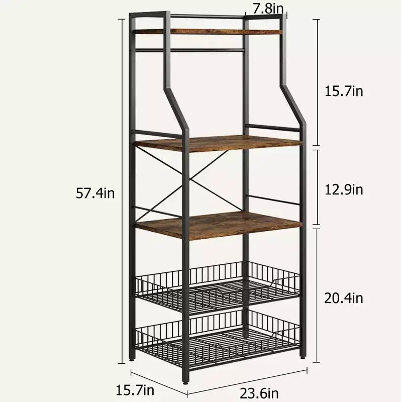 Étagère de boulanger noire à 5 niveaux avec paniers grillagés et crochets | Acier + MDF | Pour 1