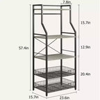 Étagère de boulanger noire à 5 niveaux avec paniers grillagés et crochets | Acier + MDF | Pour 1