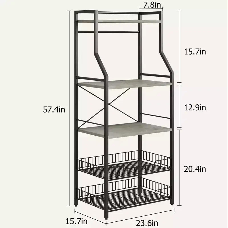 Étagère de boulanger noire à 5 niveaux avec paniers grillagés et crochets | Acier + MDF | Pour 1