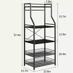 Étagère de boulanger noire à 5 niveaux avec paniers grillagés et crochets | Acier + MDF | Pour 1