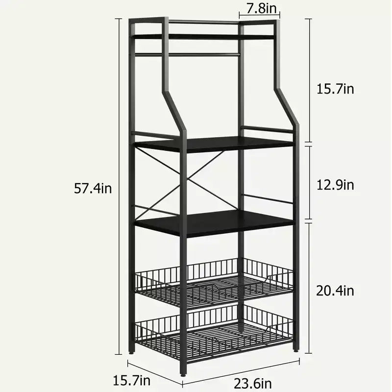 Étagère de boulanger noire à 5 niveaux avec paniers grillagés et crochets | Acier + MDF | Pour 1