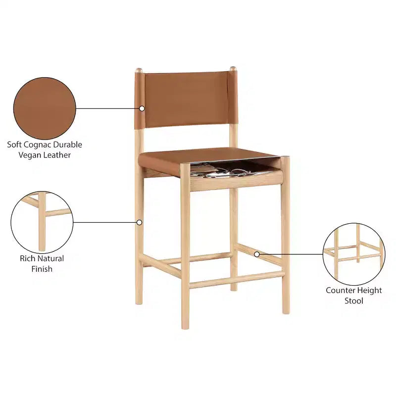 Tabouret de comptoir sans bras à dossier bas en cuir végétalien noir/marron/cognac/crème, 1 place