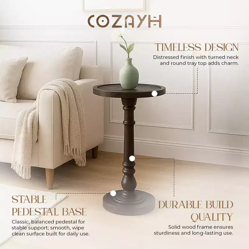 Table d'appoint piédestal ronde marron foncé, bois massif, lot de 2